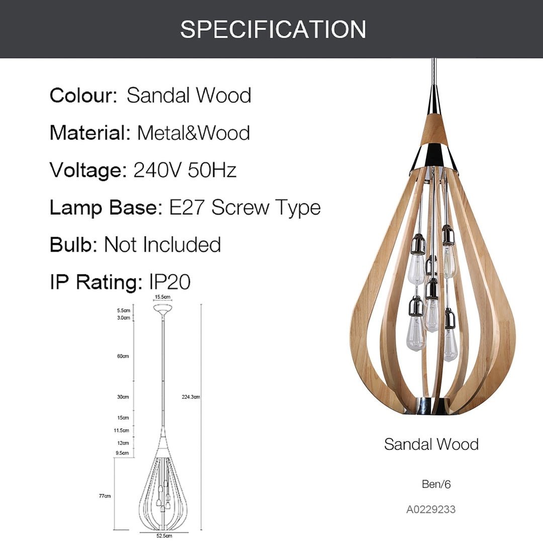 BONITO 6-Light Natural Timber Pendant Light with a tear drop shape